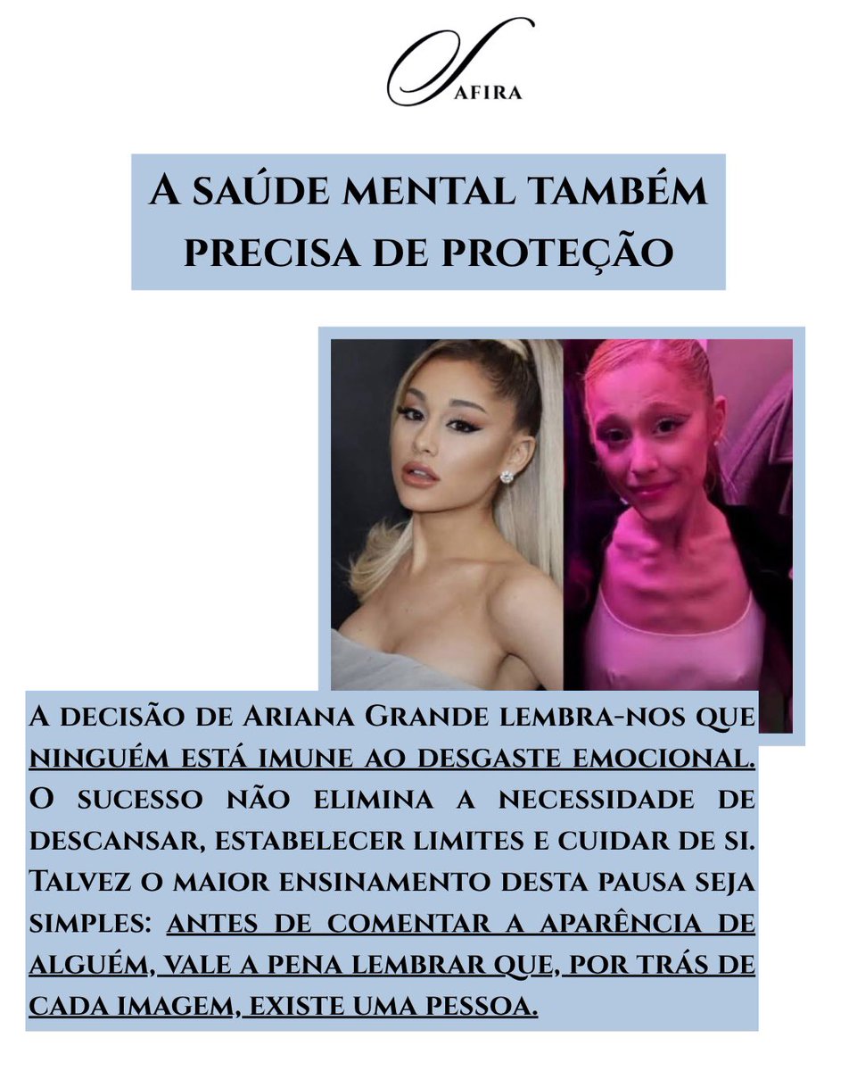 RevistaSafira's tweet photo. Ariana Grande decidiu parar, mas a notícia vai muito além da música.
A decisão surge porque voltou a ser alvo de milhares de comentários sobre a sua aparência.
Lê o artigo completo em https://t.co/XdZBb4ZP18
#arianagrande #petal #saudemental #mentalhealth #celebridade https://t.co/Ss2RuyGIg5