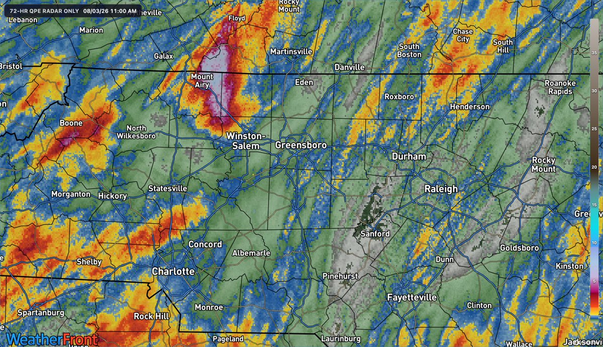 TimBuckleyWX's tweet photo. As usual, a crazy disparity in rain amounts over the weekend. 

The greens are less than half an inch. 

The blues are more than half an inch. 

The yellow is more than an inch. Red is more than two inches. 

The whitish in Surry county is 6 to 8+ inches. https://t.co/XVb8vWHMd8