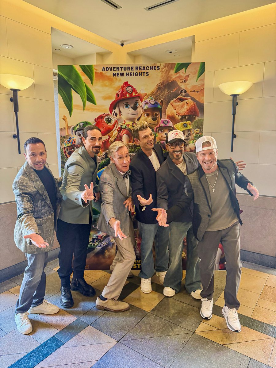 backstreetboys's tweet photo. Straight from Vegas to the Paw Patrol: The Dino Movie premiere! So cool to watch the movie featuring our new song “Bottle Up”! See it in the theaters Aug 14!! 🐾🦖🌋 #PAWPatrolMovie https://t.co/9sNF6vqK8Y
