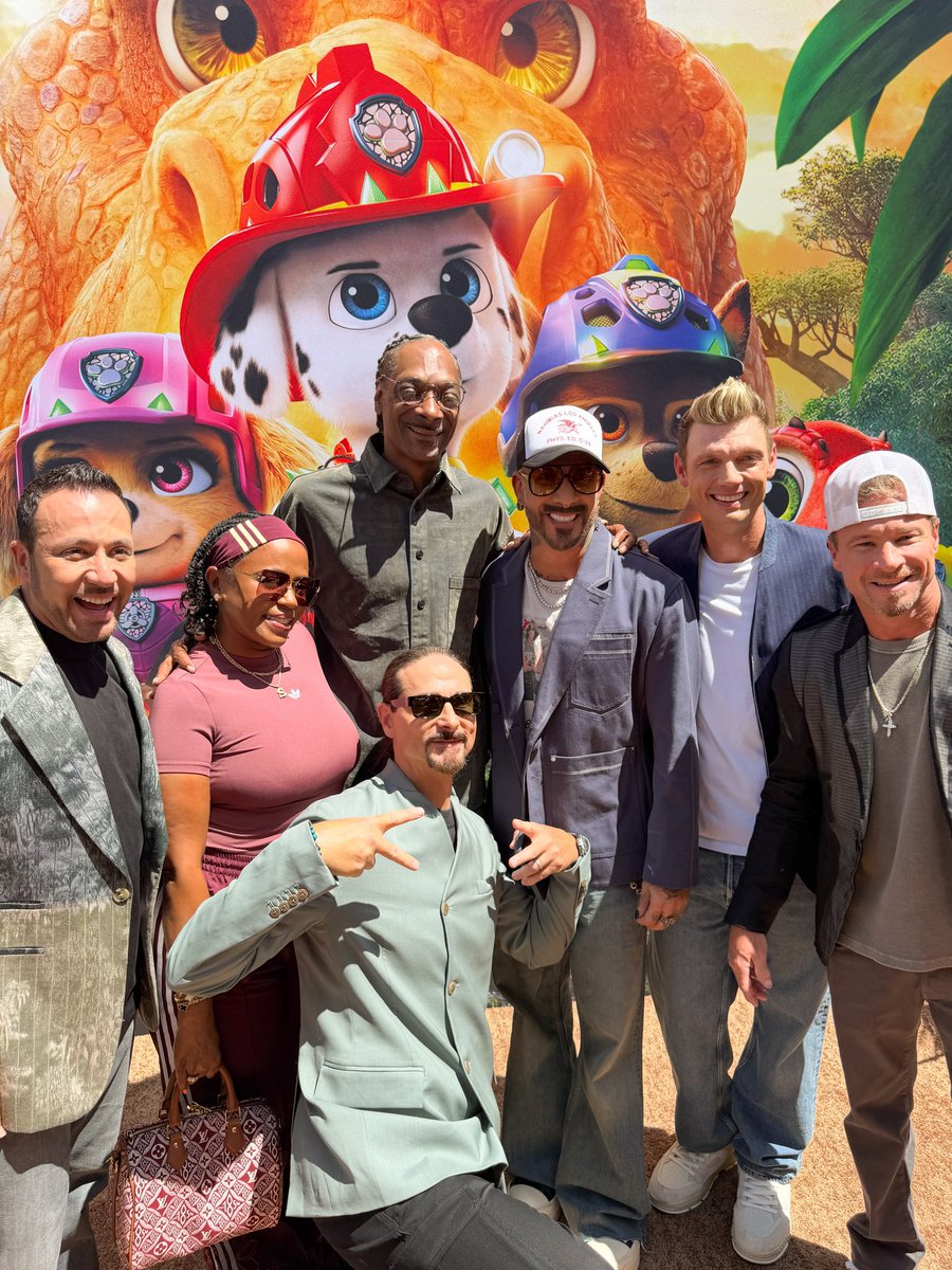 backstreetboys's tweet photo. Straight from Vegas to the Paw Patrol: The Dino Movie premiere! So cool to watch the movie featuring our new song “Bottle Up”! See it in the theaters Aug 14!! 🐾🦖🌋 #PAWPatrolMovie https://t.co/9sNF6vqK8Y