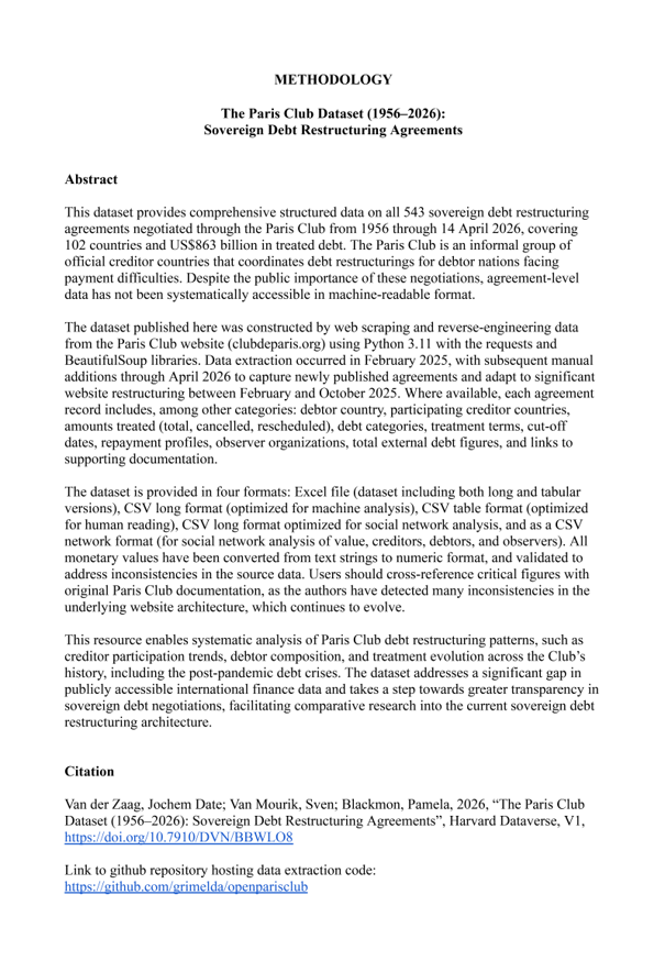int_mon_econ's tweet photo. Very valuable!

"The Paris Club Dataset (1956–2026): Sovereign Debt Restructuring Agreements" by van der Zaag, Jochem Date; van Mourik, Sven; Blackmon, Pamela.

"The Paris Club Dataset 1956–2026 provides structured, agreement‑level data on all known sovereign debt restructuring agreements negotiated through the Paris Club of official creditors between 1956 and April 2026, covering 543 agreements by 102 debtor countries and approximately USD $863 billion in treated debt. The dataset was constructed by systematically scraping and reverse‑engineering the Paris Club’s official website (https://t.co/b4PNya2Spk), followed by extensive manual cleaning, completion of missing agreements, and validation of monetary amounts and links in response to major website changes in 2025."

https://t.co/okkJeeBaTv