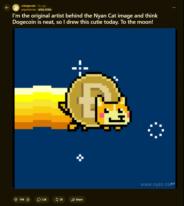 DEVOR56342's tweet photo. One of the TOP posts on r/dogecoin is NyanDoge.

THIS IS SO PERFECT FOR DOGE META RIGHT NOW.

https://t.co/NcNO7CboEw https://t.co/5gfofLoI58