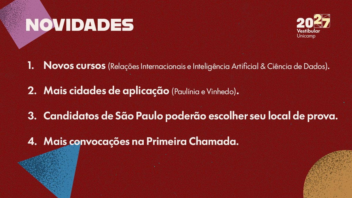 VestUnicamp's tweet photo. Oiii! (na intenção de te contar as novidades para o Vestibular Unicamp 2027)

Tentei resumir tudo aqui: novos cursos, novas cidades, "overbooking" na primeira chamada... 

Tá tudo detalhadinho lá no nosso edital, mas queria vir aqui saber o que vocês acharam 😁 https://t.co/syO9ZyJLNK
