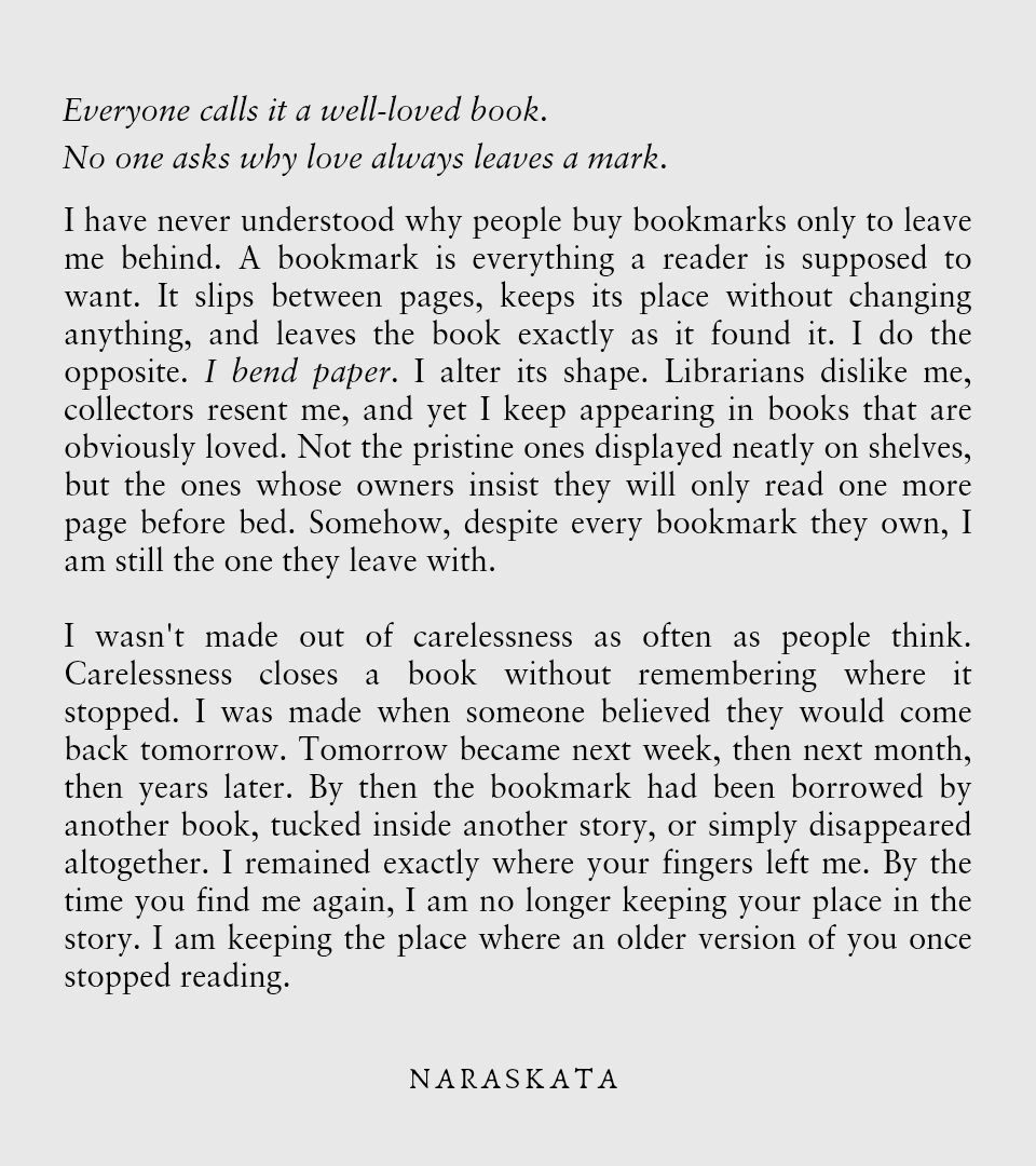 wicaksara's tweet photo. 𝘖𝘯 𝘉𝘦𝘪𝘯𝘨 𝘢 𝘊𝘳𝘦𝘢𝘴𝘦𝘥 𝘗𝘢𝘨𝘦: I was only paper until someone loved this page enough to leave a part of themselves.
#naraskata https://t.co/eT76MlRbgp