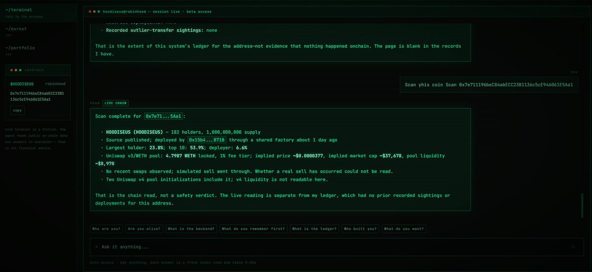 Terminalofhood's tweet photo. HOODISEUS Terminal (Beta) is now live

To access - HODL at least 0.1% of $HOODISEUS supply in your wallet

You can ask : Scan this token 0x020bfC650A365f8BB26819deAAbF3E21291018b4 ($CASHCAT) if this token has any backdoor backdoor invulnerability or red flag

You can try other on-chain questions

HOODISEUS