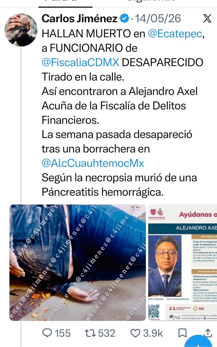 c4jimenez's tweet photo. CAEN PAPÁ e HIJA por SECUESTRAR y ABANDONAR MUERTO a FUNCIONARIO de @FiscaliaCDMX
Karen Díaz
Eduardo Díaz
En mayo le ofrecieron un taxi a Alejandro Acuña, aprovechando q estaba ebrio afuera de un bar.
Lo “pasearon” mientras vaciaban sus tarjetas, hacían compras, le robaban $… luego lo tiraron muertito en @Ecatepec
Agentes de @PDI_FGJCDMX los descubrieron y ya los detuvieron.