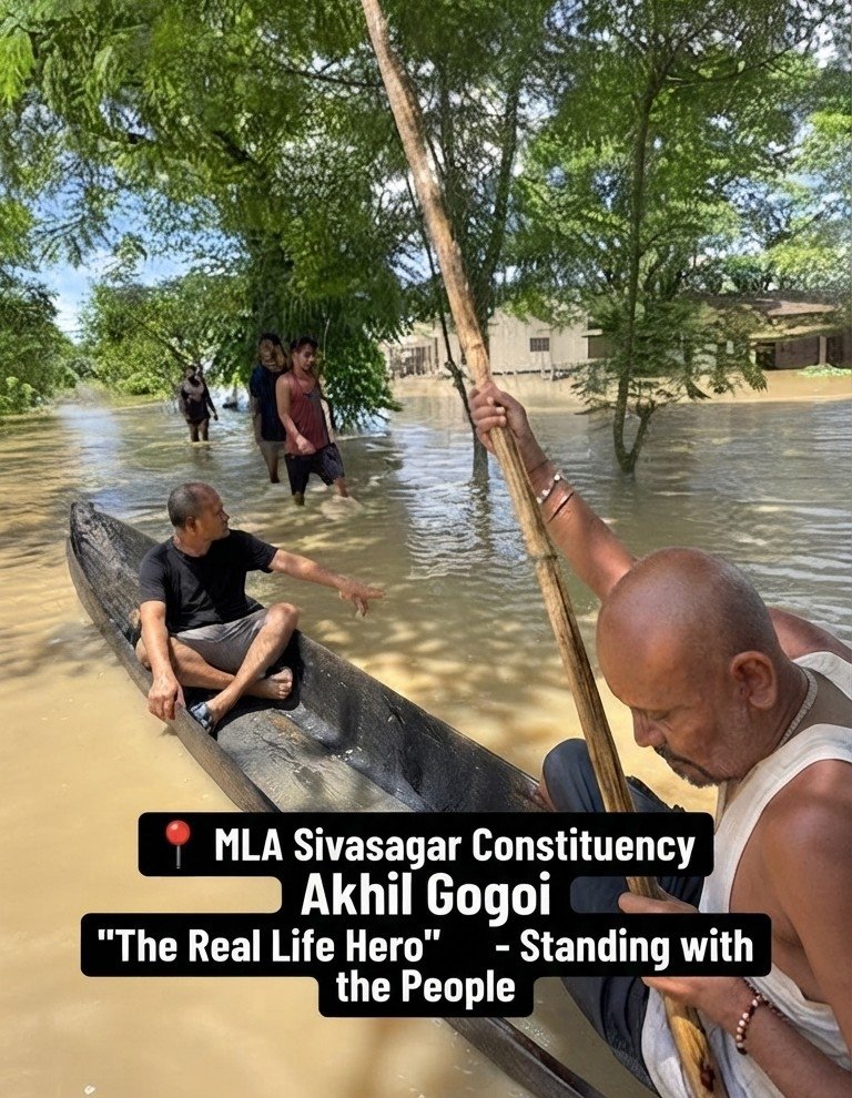 Assambirds's tweet photo. A Real-Life Hero: Sivasagar MLA Akhil Gogoi leads from the front during the severe floods, navigating inundated villages by canoe to personally oversee rescue efforts, distribute relief, and connect with affected residents on the ground. https://t.co/ck7xpMUG1a