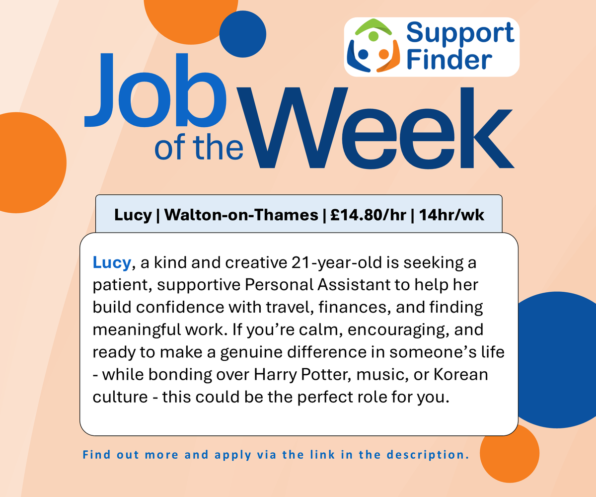 Support_Finder's tweet photo. Job of the Week: Lucy, a kind and creative 21-year-old, is seeking a patient, supportive Personal Assistant to help build confidence with travel, finances, and finding meaningful work.

Apply here: https://t.co/LwQMZD5yNP https://t.co/7gPialzhwb