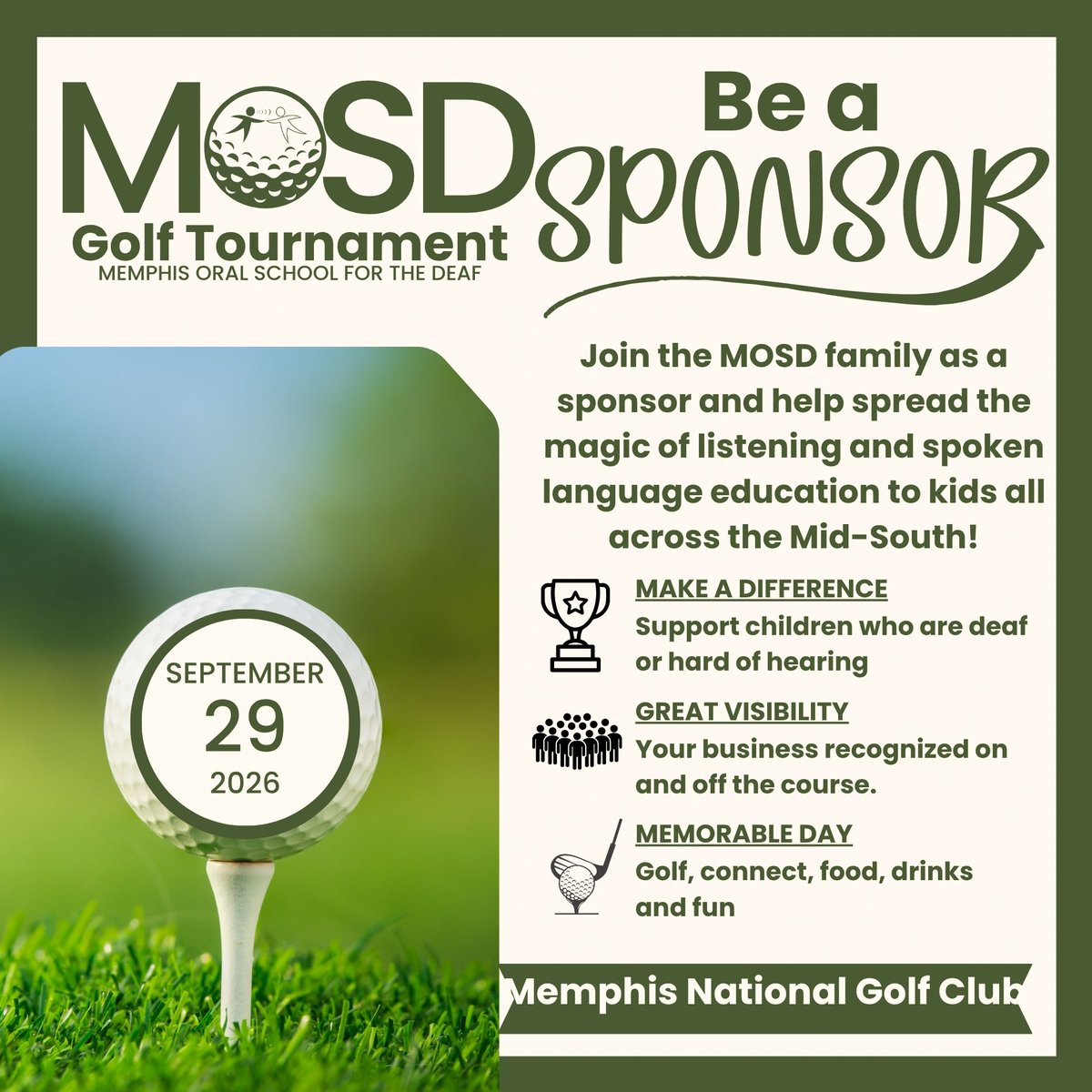 mosdkids's tweet photo. Become a sponsor of the 2026 MOSD Golf Scramble! ⛳ Join us Sept. 29 at Memphis National Golf Club and help children who are deaf or hard of hearing learn to listen and talk. Learn more: https://t.co/oKl9cLanyp | twebb@mosdkids.org https://t.co/W08FMNqqRG
