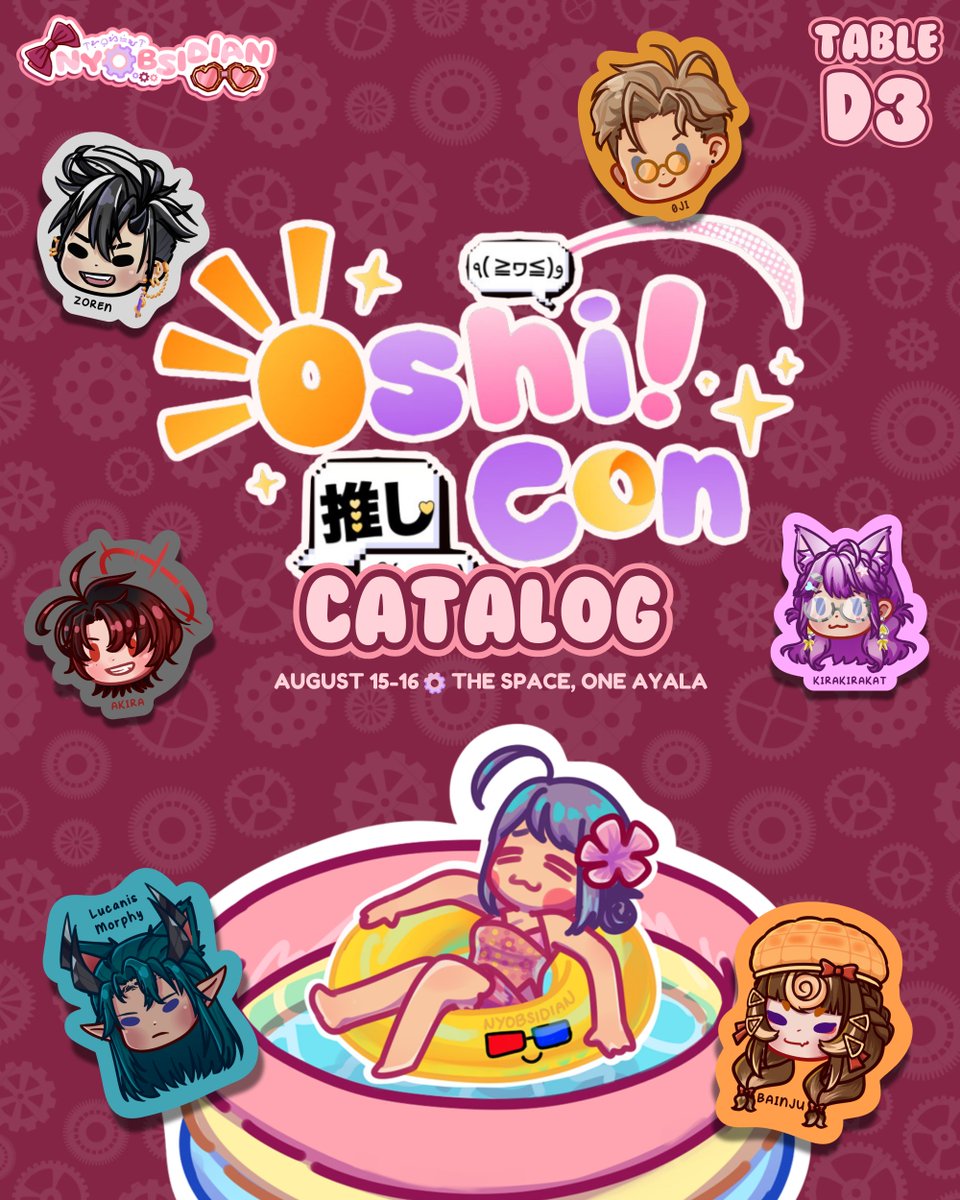 nyobsidian's tweet photo. [🎀 OSHI CON CATALOG 🎀] 1/3

⚙️ TABLE D3 - Doxxables
⚙️ If you see the Bayanihan booth im right across them :3
⚙️ My PHVT merch is VERY limited
⚙️ DM for reservations~

📅 Aug 15-16, 2026
📍 SPACE @ One Ayala
#OshiCon2026 https://t.co/36xcOQTjwO