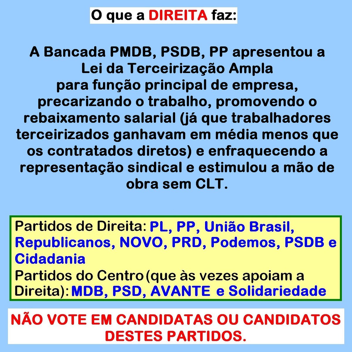 RogerBMoura's tweet photo. A Direita quer que trabalhadoras e trabalhadores tenham cada vez menos direitos trabalhistas para que sobre mais dinheiro para os patrões. https://t.co/I6TxEumykz