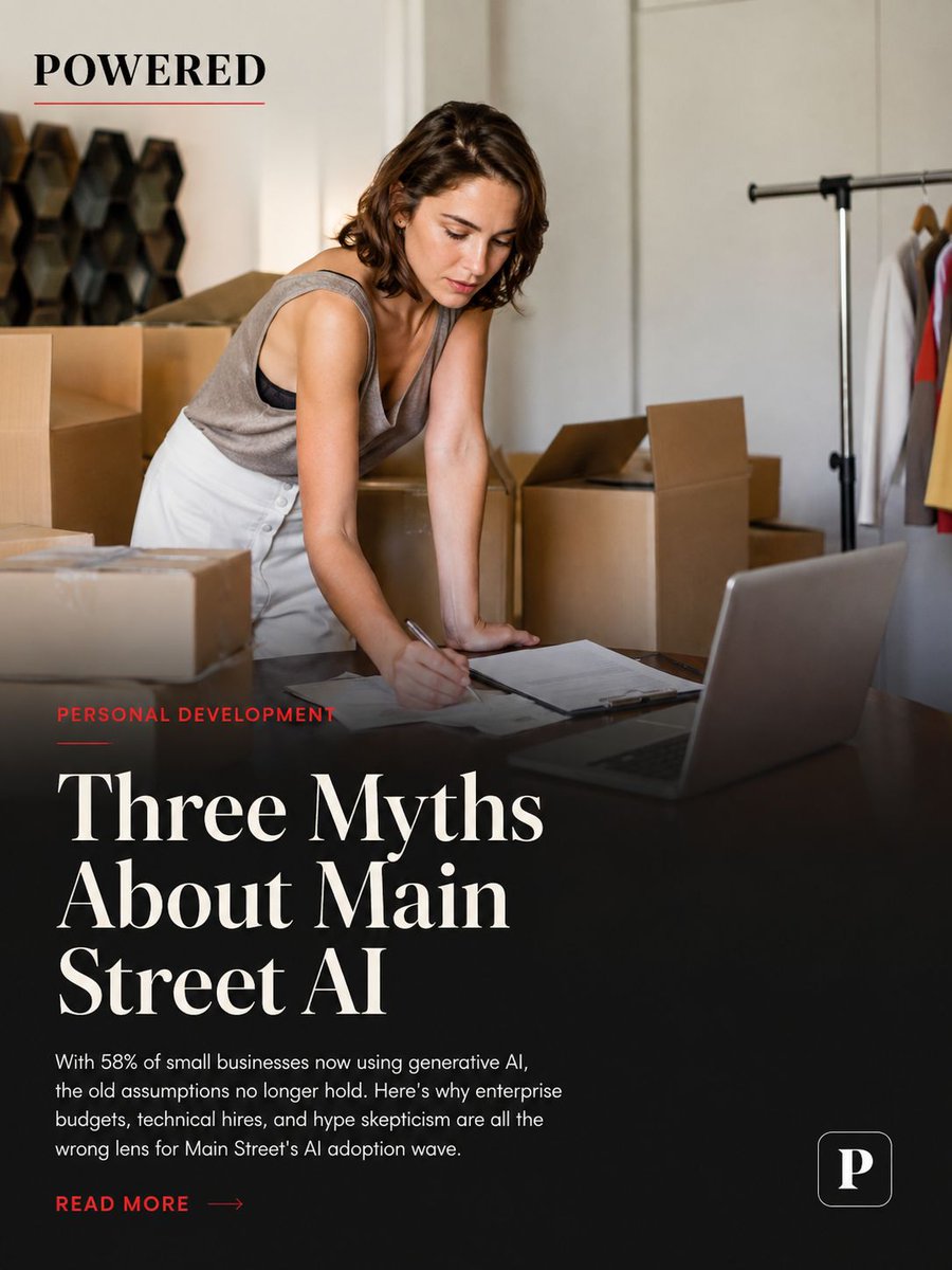 thepoweredmag's tweet photo. With 58% of small businesses now using generative AI, the old assumptions no longer hold. Here's why enterprise budgets, technical hires, and hype skepticism are all the wrong lens for Main Street's AI adoption wave. 

Read more: https://t.co/KIr94WdtMB 
Photo: Kampus Production https://t.co/3MQFMytfEJ