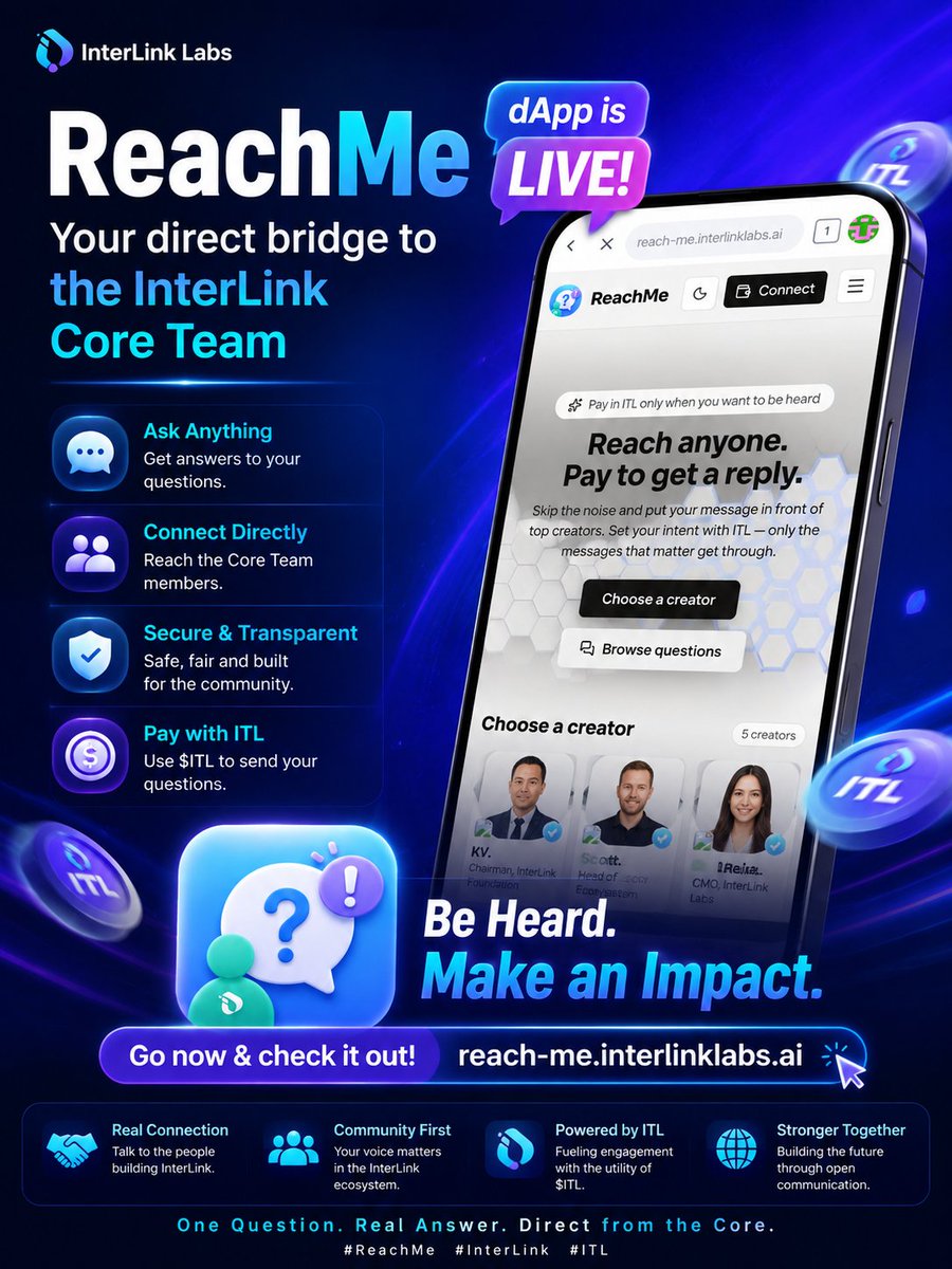 ReachMeITL's tweet photo. 🚀 ReachMe dApp is NOW LIVE!

Your direct connection to the InterLink ecosystem starts today.

💬 Ask questions.
🤝 Connect with the Core Team.
⚡ Experience the next generation of community engagement.

🌐 Try it now: https://t.co/uwCfsuQeEm

Be among the first to explore what ReachMe has to offer and share your experience with the community! 🔥

#ReachMe #InterLink #ITL #ITLG
