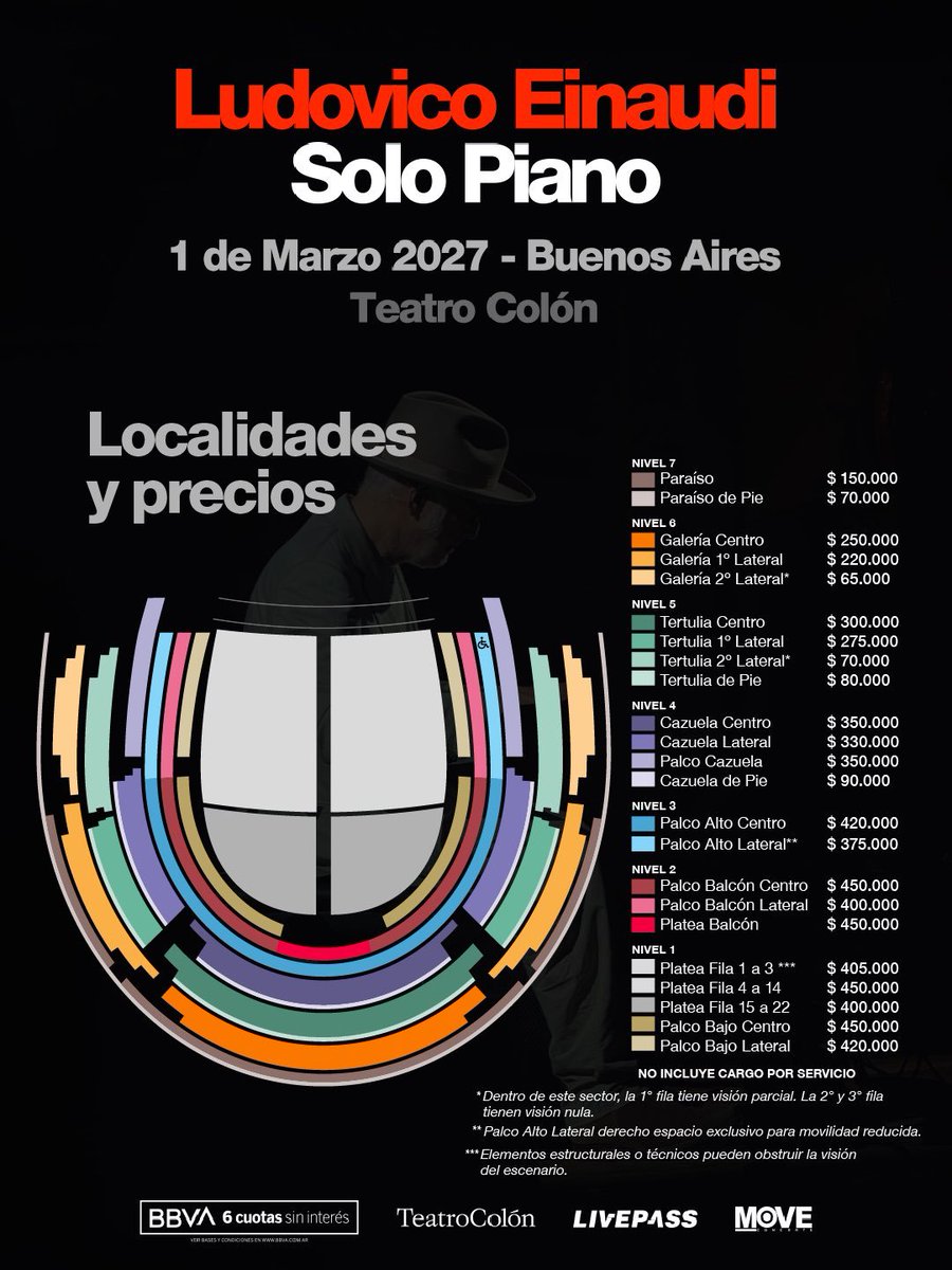 RecitArg's tweet photo. 🎹  Ludovico Einaudi llega al Colón! 🤯

El maestro compositor y pianista italiano dará su concierto "Solo Piano" en el Teatro más Colón el próximo 1 de marzo. Íntimo y en solitario. Íntimo y en solitario, un concierto realmente único e irrepetible: solo él y el piano.

📅 1 de Marzo
📍 Teatro Colón
🎟️ Entradas a la venta únicamente en https://t.co/NMnTBTiTQn

💳 PreventaBBVA: Miércoles 5 de agosto a las 11:00
👉🏻 Venta General: Viernes 7 de agosto a las 11:00
Con 💳 BBVA 6 cuotas sin interés.