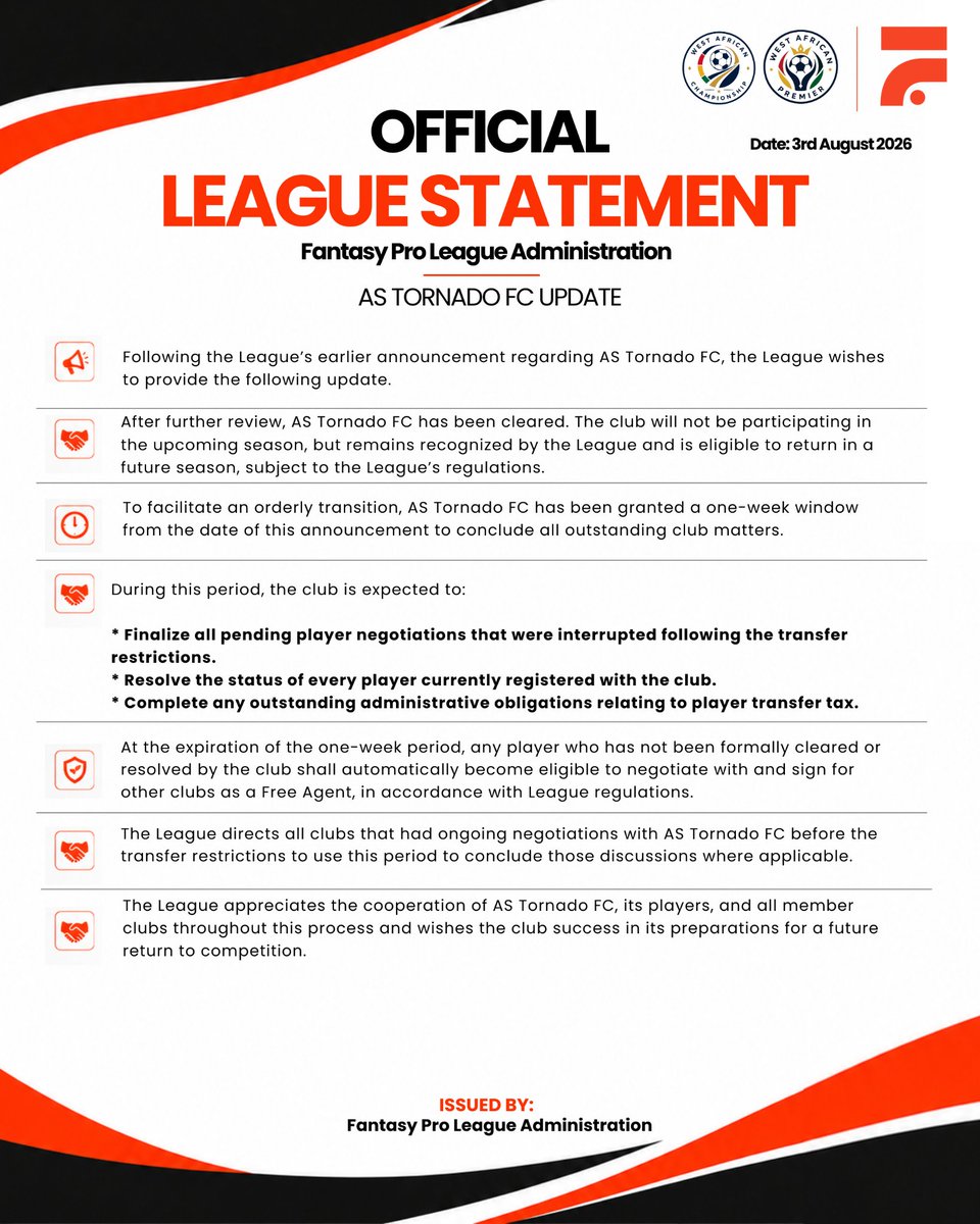 fpc_westafrica's tweet photo. 📌 OFFICIAL LEAGUE STATEMENT❗

The Fantasy Pro League Administration has issued an official update regarding AS Tornado FC.
We encourage all players, clubs, and supporters to carefully review the statement as the League outlines the next steps, transition process, and player registration guidelines.
We appreciate everyone's cooperation and remain committed to the integrity and growth of the competition.
#FantasyProLeague #VFC #OfficialStatement #LeagueUpdate #fc26