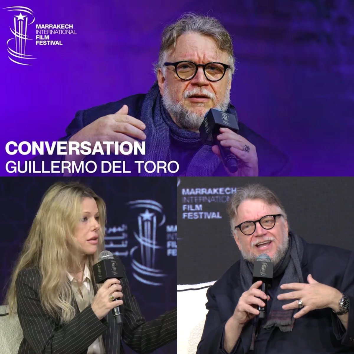gdeo's tweet photo. From the @Marrakech_Fest 2025 ,such a wonderful conversation between @SunsetGunShot and @RealGDT https://t.co/QiGxXl8KT9 #KimMorgan #GuillermodelToro https://t.co/Bmig1LiVxO