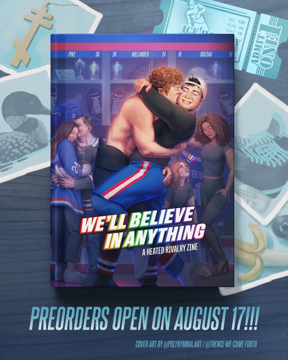BelieveZine's tweet photo. It's time to reveal our cover!

Art by the amazing Polyhymnia 💖 Don't forget, preorders open in 2 weeks on August 17th! ✨🏒

#heatedrivalry #heatedrivalryzine #hollanov #skip #contributorspotlight https://t.co/h01yBPt5D3