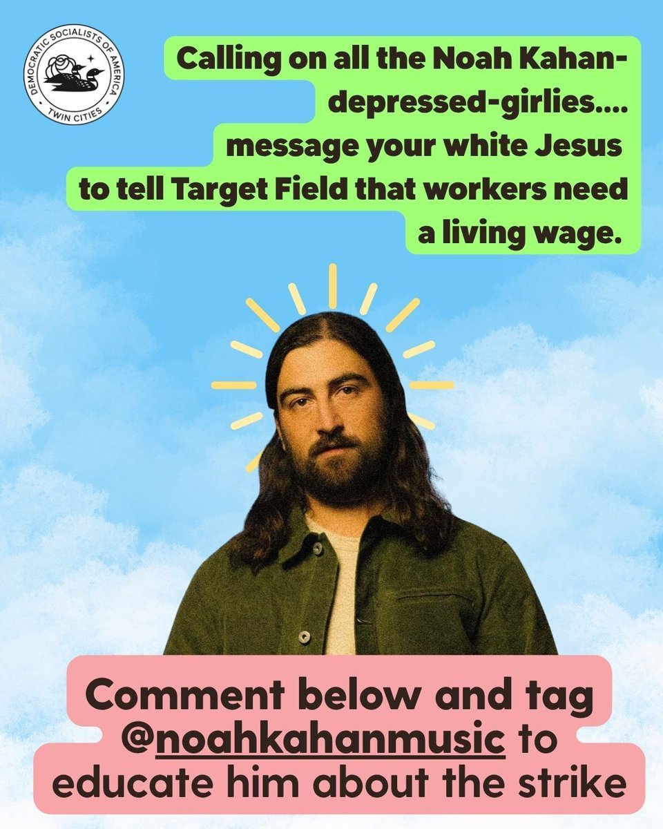 TwinCitiesDSA's tweet photo. 🚨 ACTION ALERT 🚨 
@NoahKahan and Gigi Perez stand in solidarity with Minneapolis workers! Demand Target Field pay workers for a living wage before you take the stage Wed Aug 5th. TCDSA encourages residents to comment below and tag these artists to spread the word! https://t.co/CBOCarrISU
