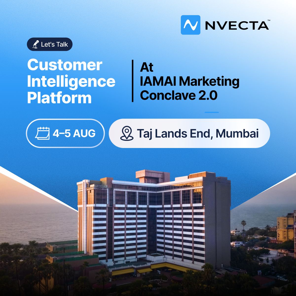 nvectahq's tweet photo. We're heading to IAMAI Marketing Conclave 2.0!
If you're attending, stop by our booth to see how NVECTA is helping brands move from data to customer intelligence—and from insights to action.
📍 Taj Lands End, Mumbai
📅 4–5 Aug 2026
#IAMAI #CustomerIntelligence #MarTech #NVECTA https://t.co/Lm9nljD8nL