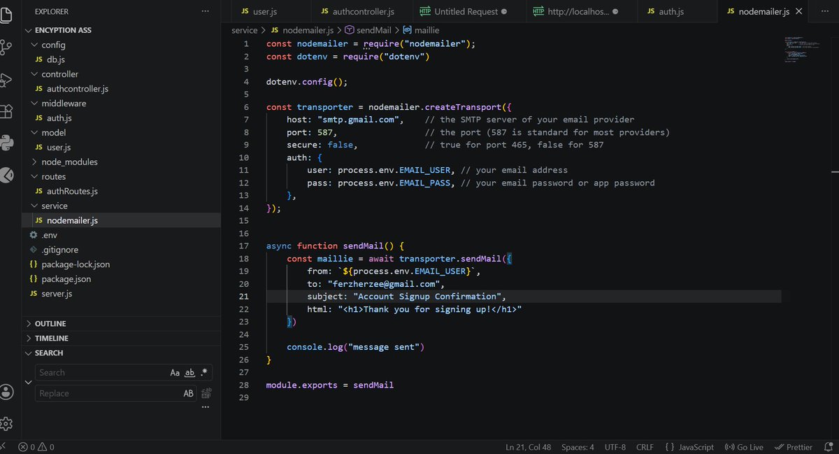 ferzherzee's tweet photo. Documenting my backend journey 

Learned Nodemailer today. Set up SMTP with Gmail app passwords, wrapped in an async sendMail function, and wired it into a signup route with error handling so failed emails don't crash the app.

Small win, but it clicks now 
#devlife https://t.co/Cisvq3LNXi