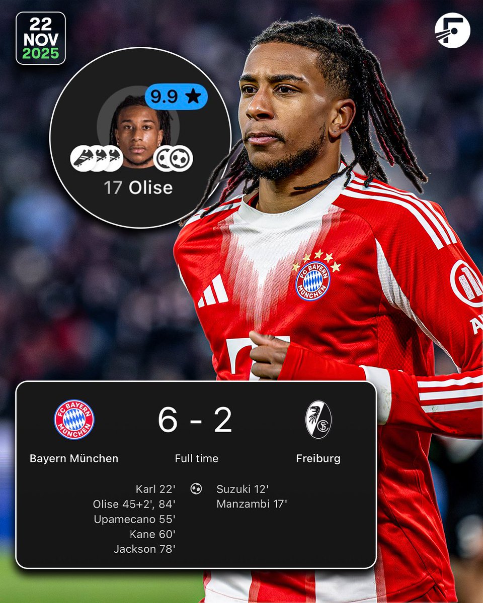 FotMob's tweet photo. Michael Olise’s best ever FotMob rating was last season, where he collected 5 goal involvements against Freiburg! 😮‍💨💫

There was no chance Bayern would let him leave this summer! 😅 https://t.co/1CHwEdaMRe