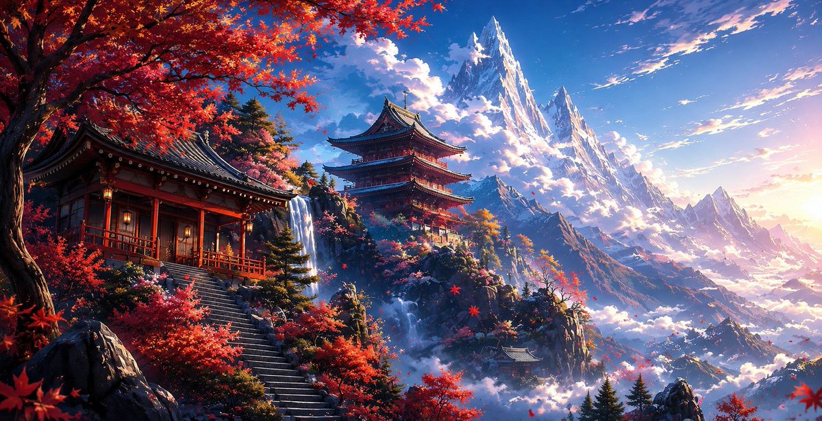 HilFredrick's tweet photo. 🍁 A hidden temple above the clouds.

Just finished this Japanese-inspired wallpaper collection featuring crimson maple forests, cascading waterfalls, and snow-capped peaks.

Which version is your favorite?

📱 Mobile
📟 Tablet 
💻 Desktop
High-resolution wallpapers available.
#AIArt #Wallpaper #AutumnVibes