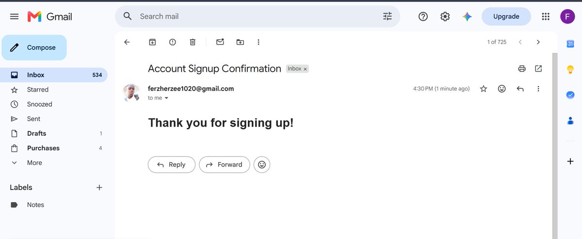 ferzherzee's tweet photo. Documenting my backend journey 

Learned Nodemailer today. Set up SMTP with Gmail app passwords, wrapped in an async sendMail function, and wired it into a signup route with error handling so failed emails don't crash the app.

Small win, but it clicks now 
#devlife https://t.co/Cisvq3LNXi