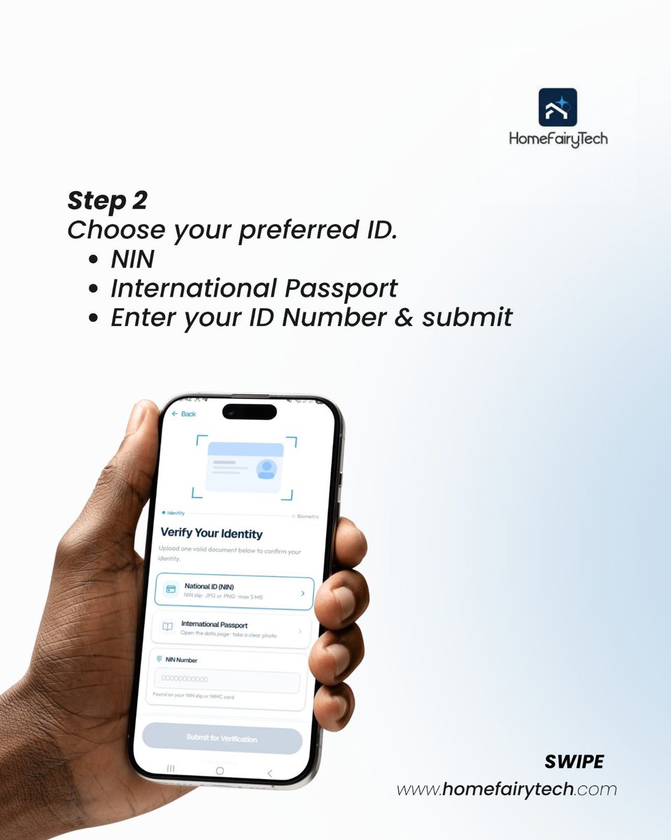 Homefairytech's tweet photo. Save this post for launch day!
One of the first things you'll do on the HomeFairyTech  App is verify your account.

The process is quick, simple, and unlocks more platform features while helping us build a trusted marketplace.

Swipe through to see how to verify KYC in 3 simple steps

Save this post so you'll have it ready when HomeFairyTech goes live on google play and App store.
