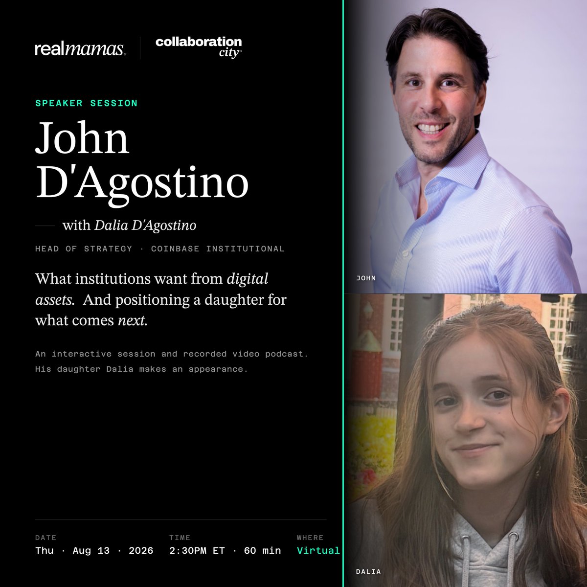 thejoycelai's tweet photo. I am building Collaboration City for professionals with intergenerational thinking.  

Collaboration City Residents receive exclusive learning and workshops with industry leaders.  On August 13th, we will sit down with @johnjdagostino, Head of Strategy at Coinbase Institutional to discuss how traditional finance and institutional crypto are evolving.   Not only that, we will also be joined by John’s daughter, Dalia D'Agostino, on her view of technology and the new economy.

Presented by @RealMamaCrypto 

#institutionalcrypto #collaborationcity #digitalassets #futureoffinance #ai