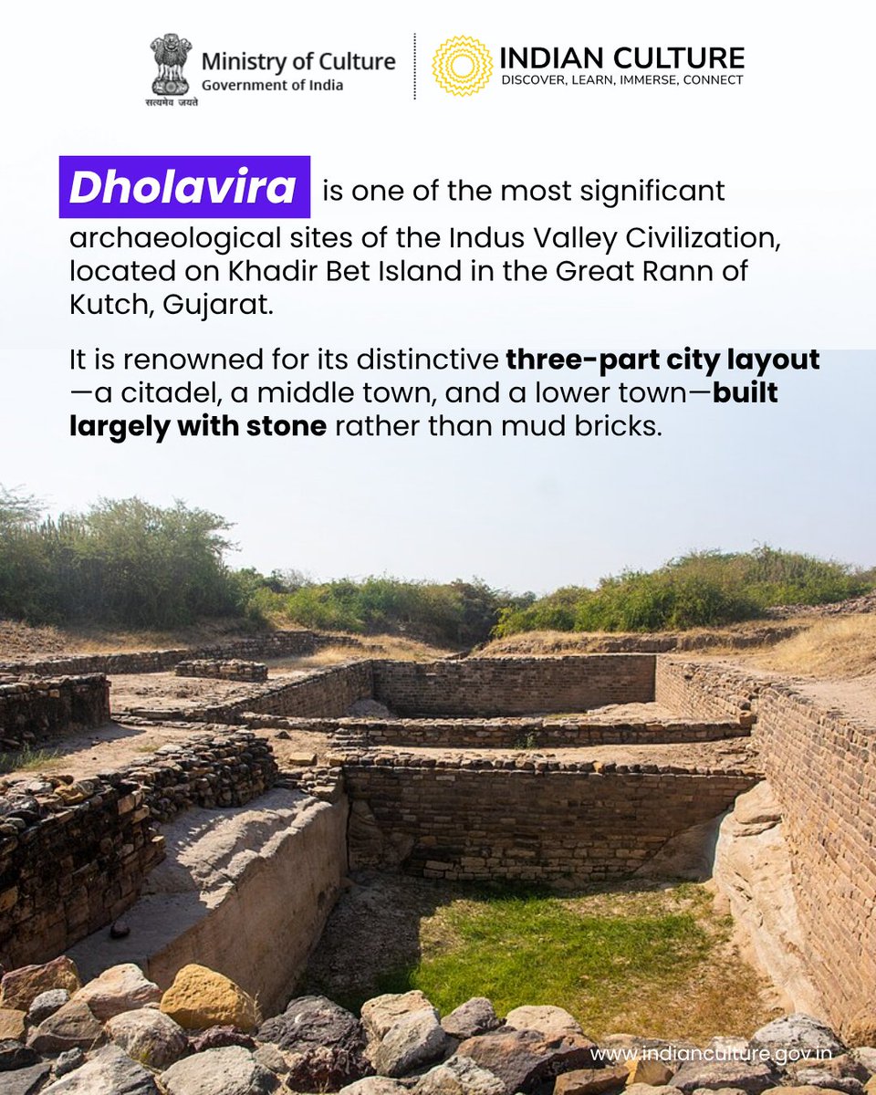 _IndianCulture's tweet photo. Discovered in 1968 and excavated over 13 field seasons, #Dholavira stands as one of the most remarkable urban centres of the #IndusValley Civilization.

Inscribed as a #UNESCO World Heritage Site, it continues to provide invaluable insights into the advanced town planning, architecture, and water management systems of the #Harappancivilization.

Explore more about India's archaeological heritage by visiting https://t.co/z3KeKDaAsG

Follow @_IndianCulture  for more stories celebrating India's rich cultural and archaeological legacy.

#IndianCulturePortal #MinistryOfCulture #IncredibleIndia #IndusValleyCivilization #ArchaeologicalSitesofIndia #ArchaeologicalSites #IndianArchaeology #Gujarat #HistoricSites #History  #Harappa #ASI #Archaeology #AncientIndia #WorldHeritageSite #IVC

@MinOfCultureGoI @AmritMahotsav @incredibleindia @tourismgoi @PIBCulture @Unesco @ASIGoI  @GujaratTourism