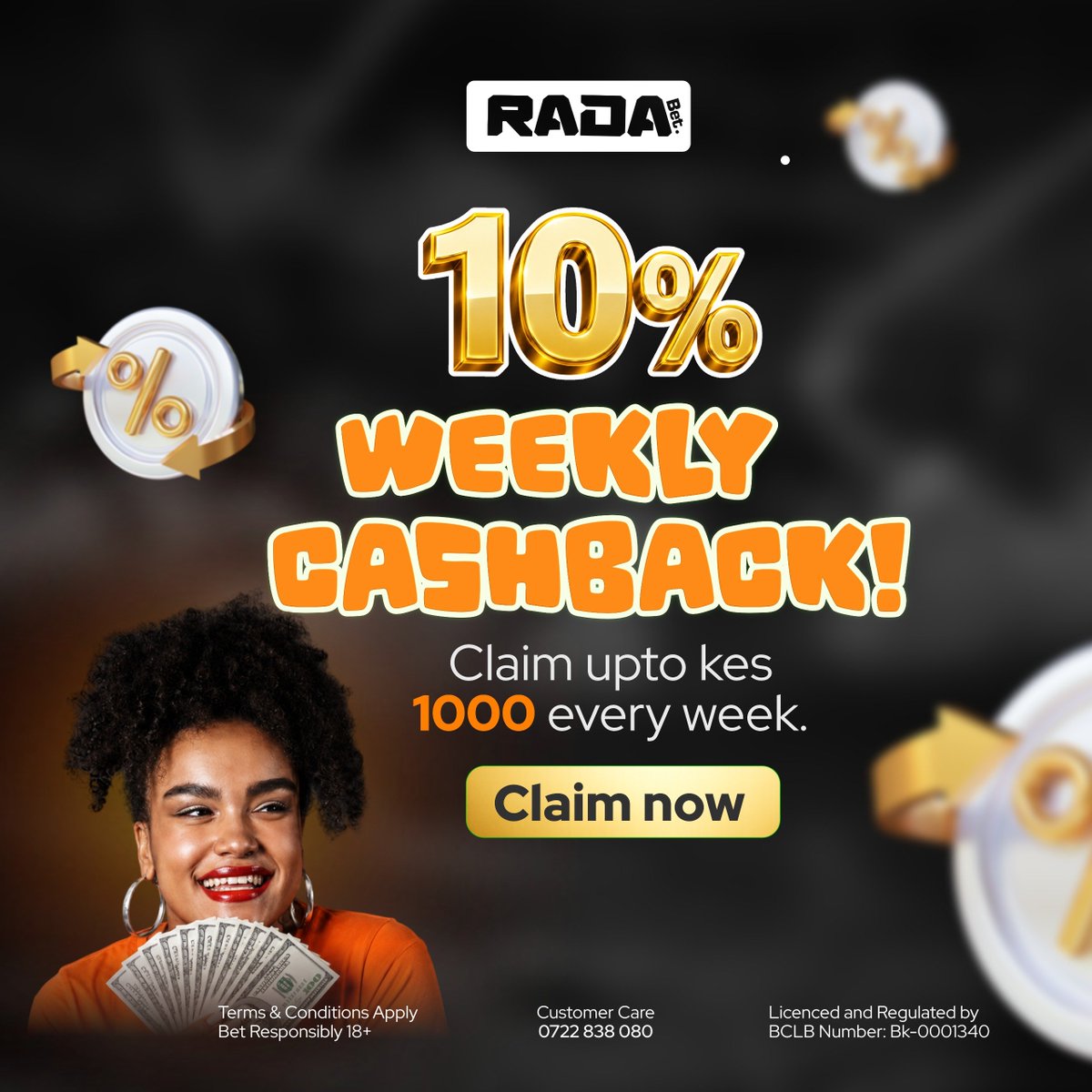RadaBet254's tweet photo. Ukiwa katika shughuli alafu bet ichomeke, usitense!😎Tunakusort na 10% Weekly Cashback. Claim up to 1000 every week. 👊
Jitume pale Kwa site! https://t.co/BMRt9SwUtf
🔞Bet Responsibly 
#radabet https://t.co/fCGqJsCS0F