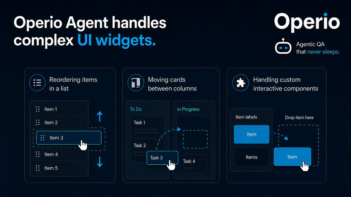 OperioAI's tweet photo. Modern UI testing goes beyond clicks.

Operio Agent handles drag-and-drop, list reordering, moving cards, and custom UI widgets... like a real user.

#AgenticAI #TestAutomation #SoftwareTesting #Operio https://t.co/re9mGwmpqZ