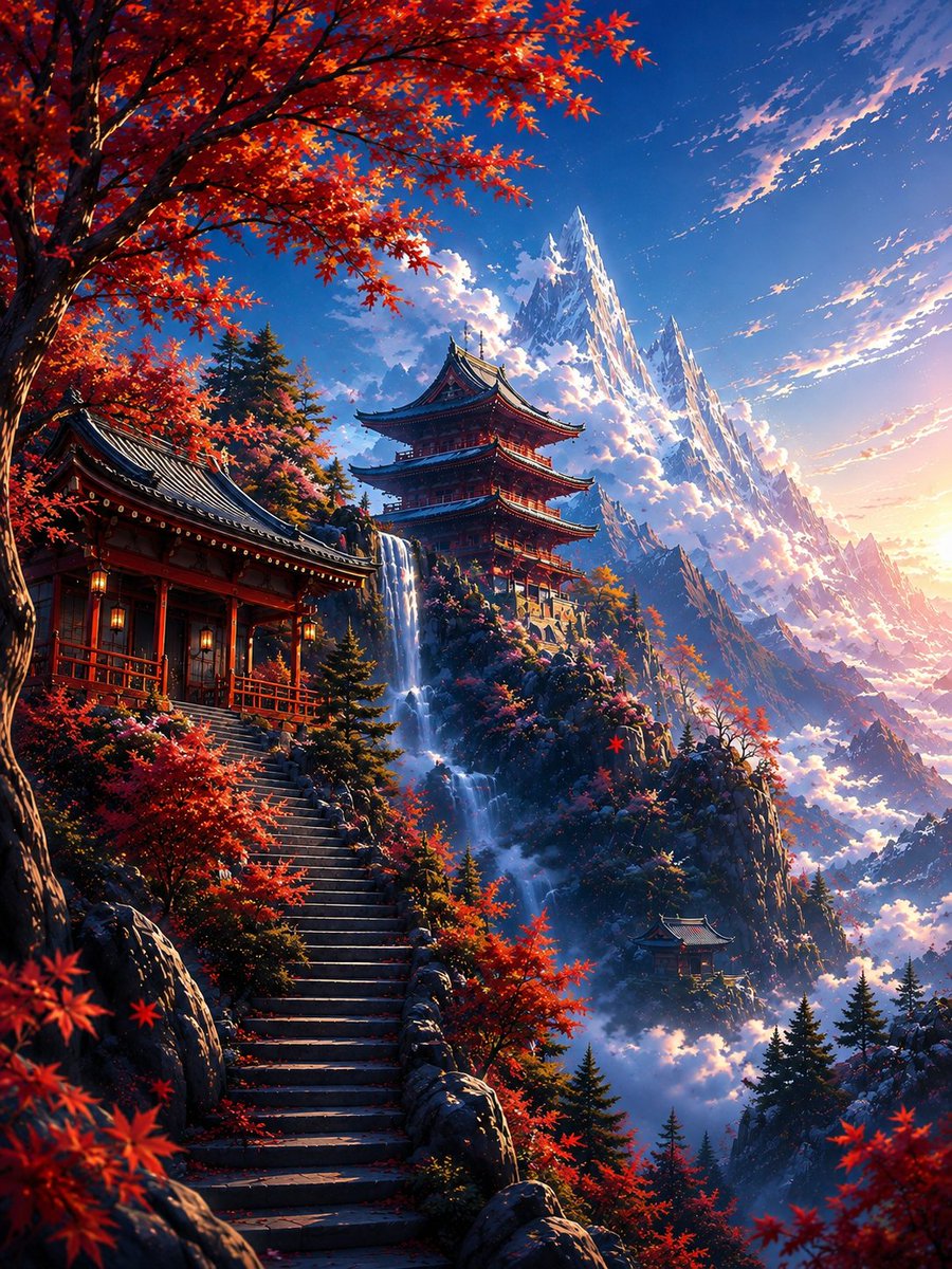 HilFredrick's tweet photo. 🍁 A hidden temple above the clouds.

Just finished this Japanese-inspired wallpaper collection featuring crimson maple forests, cascading waterfalls, and snow-capped peaks.

Which version is your favorite?

📱 Mobile
📟 Tablet 
💻 Desktop
High-resolution wallpapers available.
#AIArt #Wallpaper #AutumnVibes