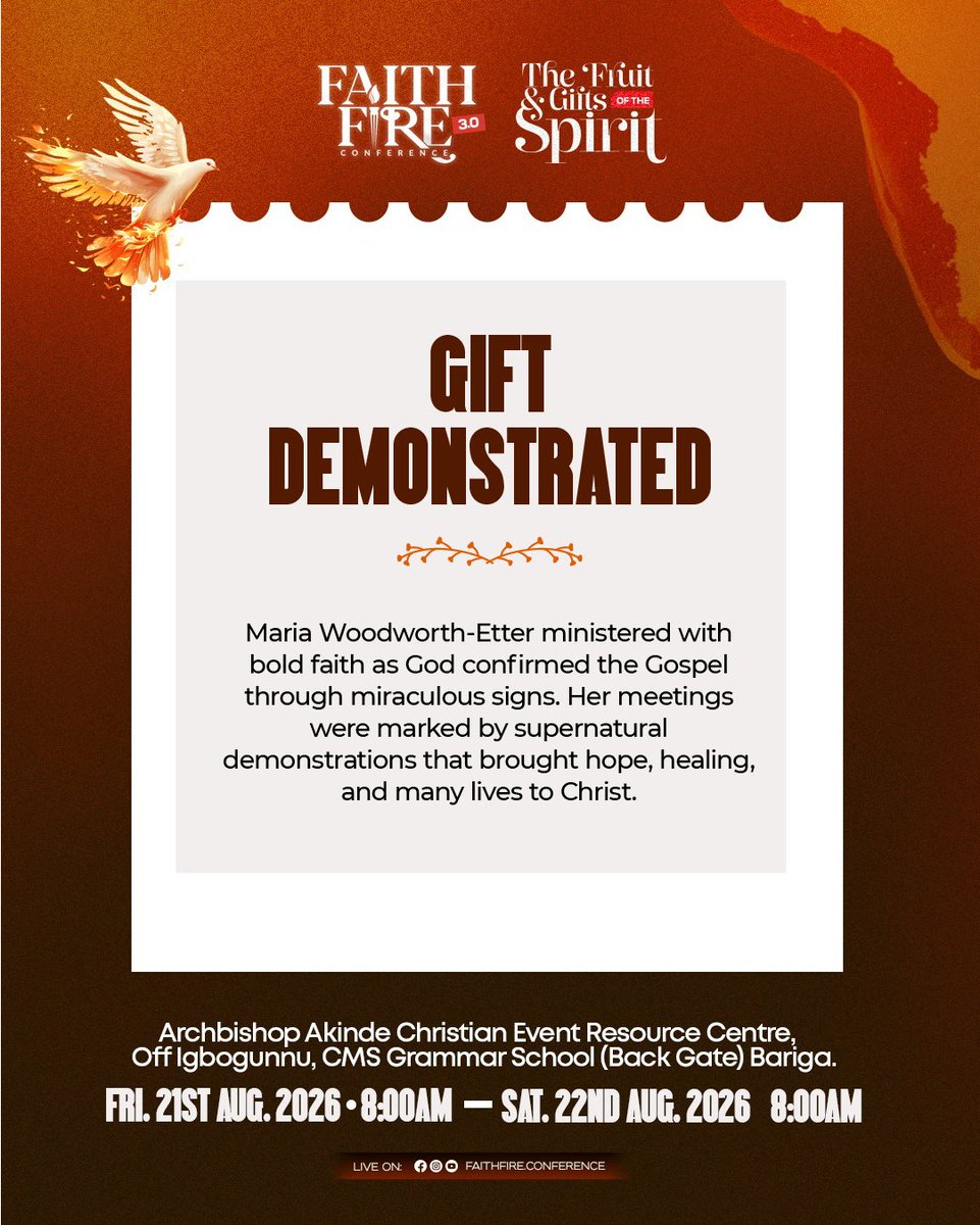 faithfirecon's tweet photo. Know Your Gift | Series 6: The Working of Miracles ✨

Through the life of Maria Woodworth-Etter, we see how God works mightily through yielded vessels for His glory.

Register here:
🔗 https://t.co/PZkmvOW3Sc

#FFC3 #FruitAndGiftsOfTheSpirit #KnowYourGift #GiftOfTheSpiritSeries https://t.co/WicGyz83Em