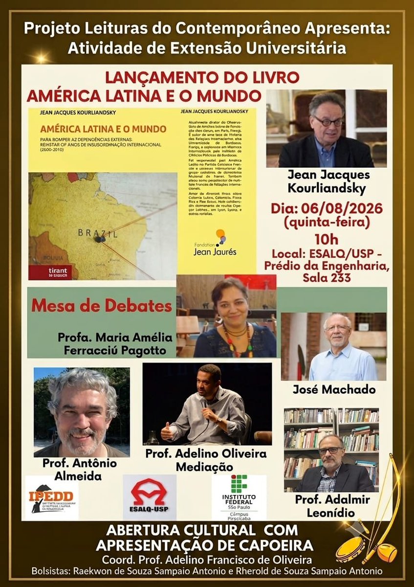 ProfAdelino_'s tweet photo. O Projeto Leituras do Contemporâneo: Cultura, Filosofia e Direitos Humanos,  do campus Piracicaba do IFSP promove o lançamento do livro América Latina e o Mundo, do pesquisador francês Jean Jacques Kourliandsky.

Dia 06/08, às 10h
Local: Esalq/USP

https://t.co/GkytOdDRXd https://t.co/XNYmeNIqtV