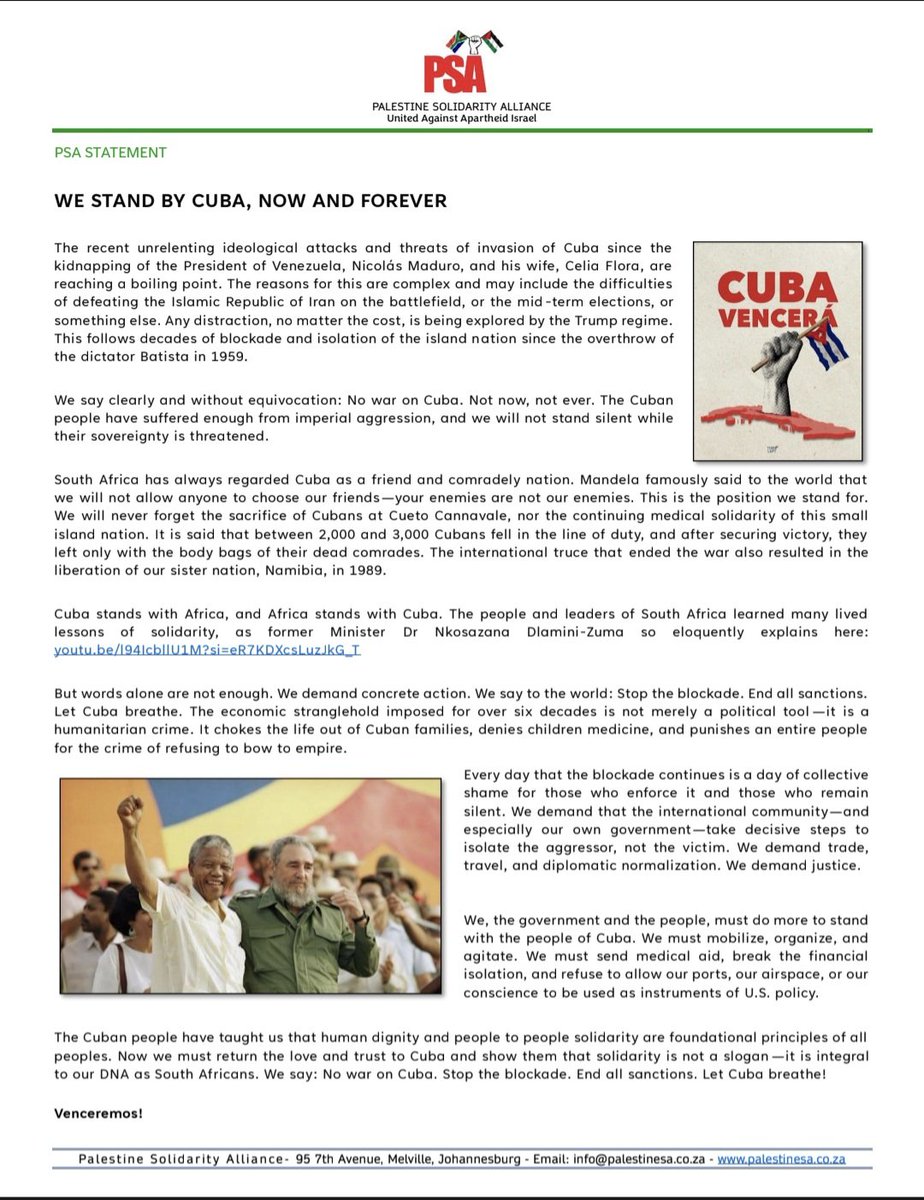 EmbassyCubaZA's tweet photo. We appreciate the Palestine Solidarity Alliance’s heartfelt support. In the times we live in, international friendship reaffirms that we stand together against imperialism and genocide.

#CubaIsNotAlone https://t.co/GHYaU1LtCR