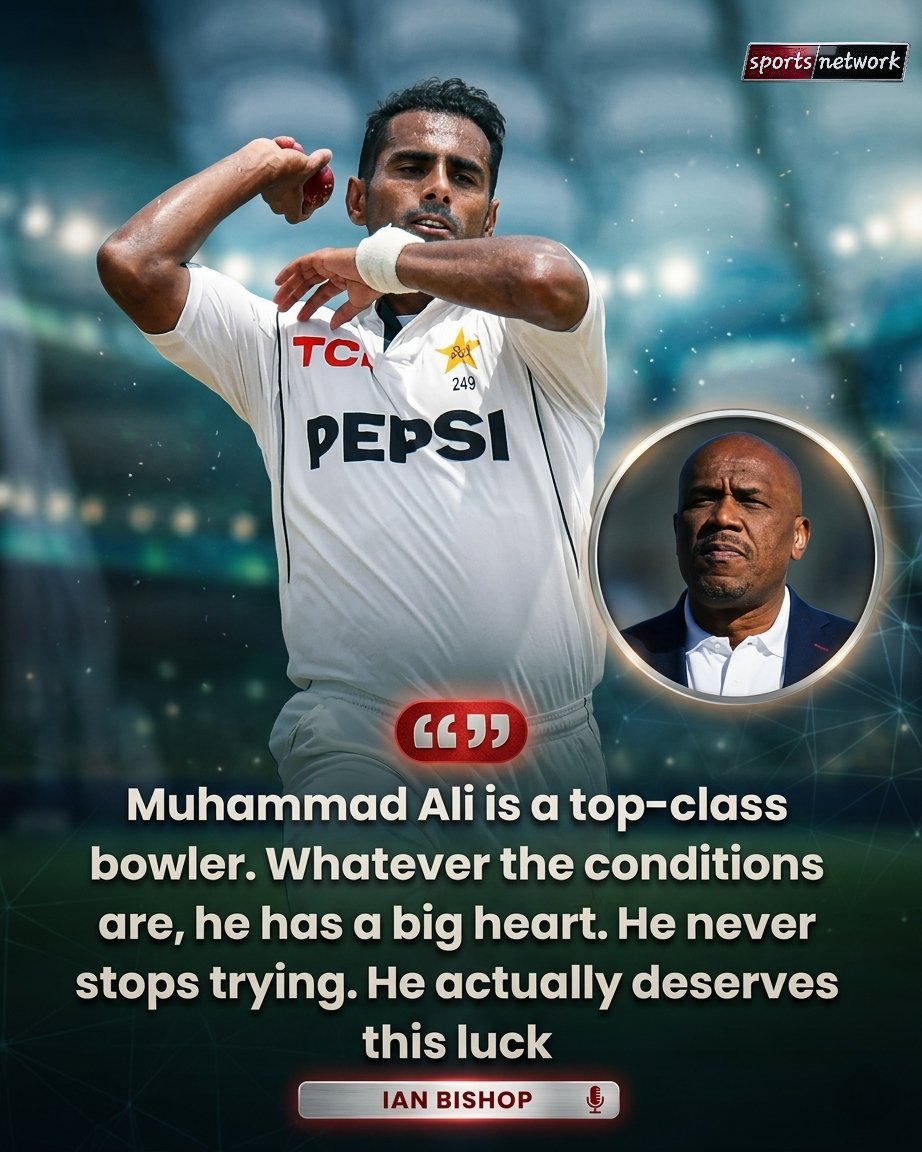 thesportsnetw's tweet photo. 🌟 High praise from a legend! 🌟
Ian Bishop layout pure words of appreciation for Pakistan's Muhammad Ali. With relentless effort and a massive heart, he is proving his mettle on the biggest stage. 🏏🔥
#Cricket #MuhammadAli #IanBishop #PakistanCricket
#SportsNetwork https://t.co/NMn1OzNvZS