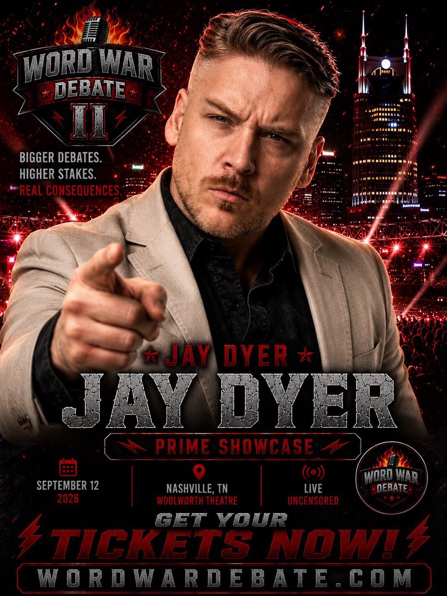 WordWarDebate's tweet photo. The Prime Showcase is set.
@JayDyer takes the stage LIVE at Word War Debate II on September 12 in Nashville against @StefanMolyneux
Expect a clash of ideas, no scripted talking points, and no safe answers.
Be there to witness it live.
🎟️ Get your tickets now: https://t.co/do5Sd650gT
#WordWarDebate #WWDII #RoadToNashville