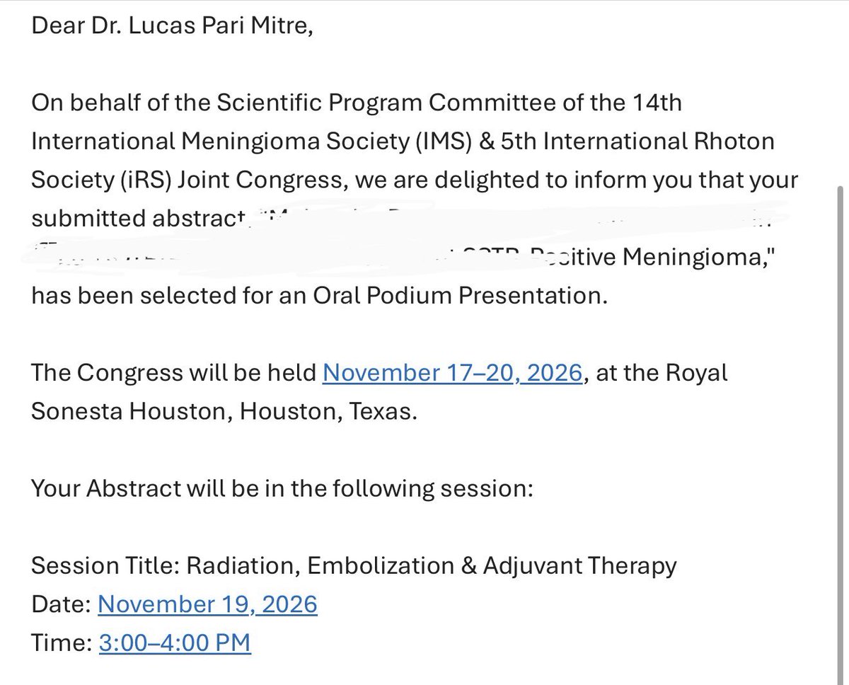 Lucas_Mitre_'s tweet photo. Excited to share that our work on recurrent meningioma has been accepted for two oral presentations at the International Meningioma Society (IMS)- International Rhoton Society Join Congress! 

Grateful to the scientific committee, my mentors and colleagues! 
See you in Houston! https://t.co/eAVzh4udJP