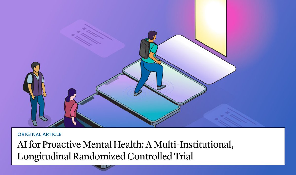 NEJM_AI's tweet photo. A new study evaluates Flourish, a mobile app using generative AI to deliver personalized, strengths-based well-being support to young adults through an AI well-being coach, in a 6-week randomized trial across three U.S. campuses. Learn more: https://t.co/SYCMq7gTVy https://t.co/l3dJmbNZfZ