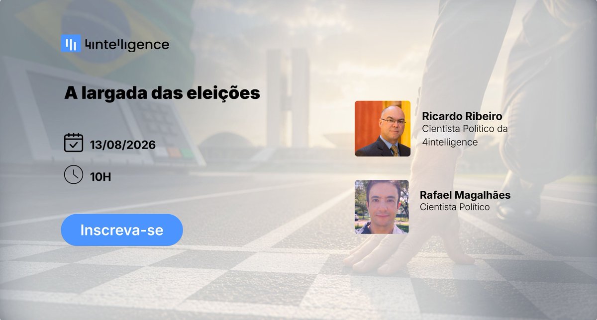 4intelligenceIA's tweet photo. Neste webinar, os cientistas políticos Ricardo Ribeiro e Rafael Magalhães apresentarão e debaterão os cenários da 4intelligence para a eleição presidencial, para os governos dos principais estados e para o Congresso.

Inscreva-se: https://t.co/Y3VC9I2WcP https://t.co/X5QtfTvtcv