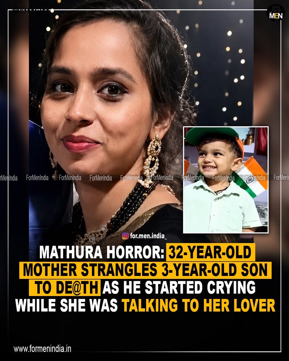 ForMenIndia_'s tweet photo. The accused, identified as Ruchi, was on a phone call with her lover when her three-year-old son, Madhav, started crying and making noise.

Annoyed by the disruption, she allegedly pressed his neck to silence him, resulting in his death. 

After the child became unresponsive, the mother misled her husband, Krishna Murari Gupta (a local pharmacy owner), claiming the child fell ill after crying or had been sleeping unusually long.

The family rushed the child to a private hospital where he was declared dead. 
Believing the death was an adverse reaction to polio drops administered earlier that day, the family buried the body without reporting it to the police. 

On July 27, 2026, the husband reportedly overheard his wife narrating the entire incident to her lover over a phone call. 

The husband’s brother, Govind Gupta, scanned her phone records and discovered frequent, long-duration calls to the same individual. 

Upon being confronted by the family, the woman confessed to the crime. 

#formeindia