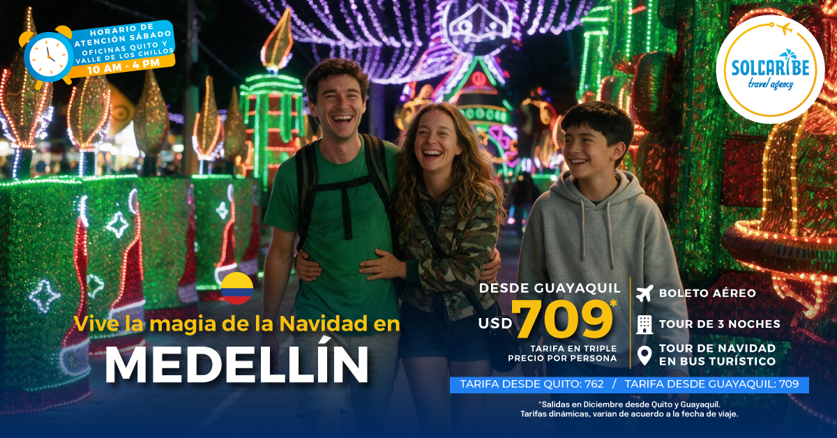 solcaribe's tweet photo. ¿Te imaginas caminar entre miles de luces navideñas? Medellín te espera con una experiencia única de 3 noches.

Info: 098 1137 460
🖱https://t.co/r5DVUDgtuK

#Viajar #Vacaciones #Medellin https://t.co/uAE0w1tIIa