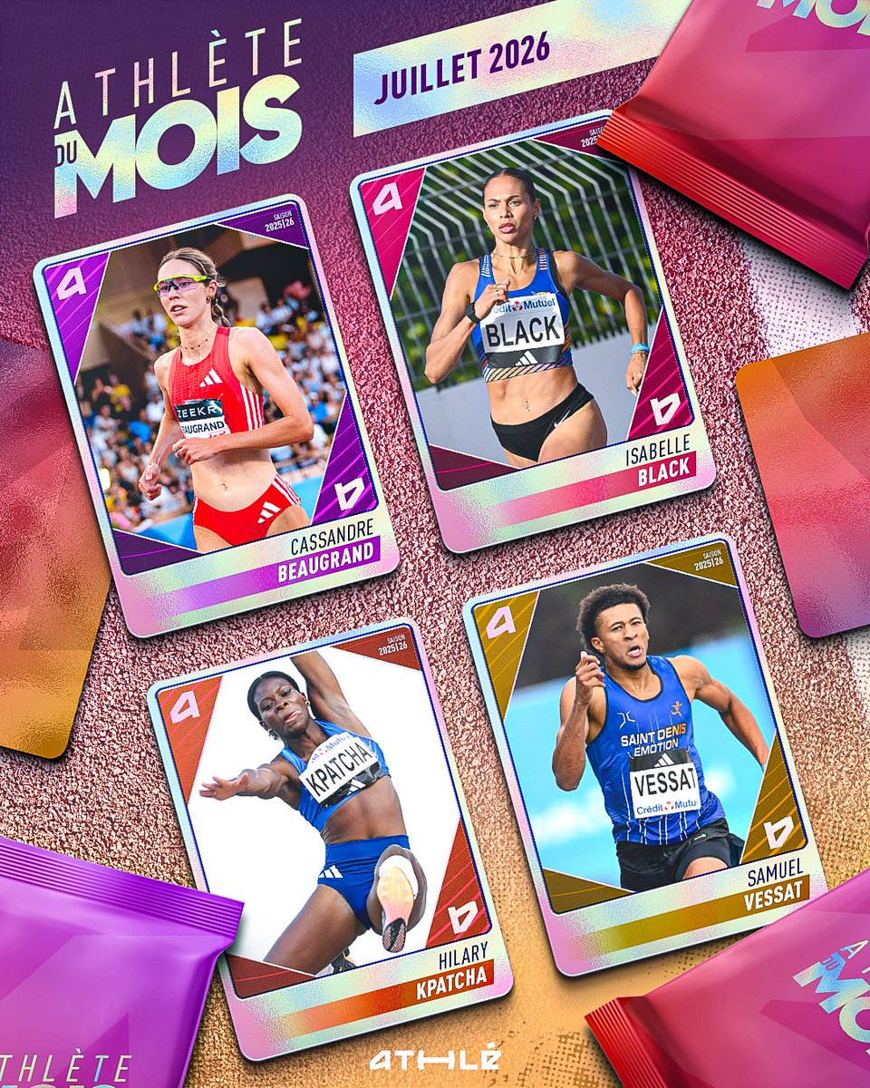 FFAthletisme's tweet photo. 🗳️ Élisez votre #AthlèteDuMois de juillet 2026 ! ✨

. Cassandre Beaugrand, recordwoman de France du 3000 m en 8’32’’86 à Monaco ?

. Isabelle Black, 3e meilleure performeuse française de l'histoire en 50''47 sur 400 m, record des championnats, à Albi ? 

. Hilary Kpatcha, 3e meilleure performeuse européenne de la saison avec 6,98 m à la longueur, record des championnats, à Albi ?

. Samuel Vessat, recordman de France du 400 m en 44''24 et 4e meilleur performeur européen de l'histoire ?

👉 Votez aussi sur https://t.co/Ay4RoZNlGU et les autres réseaux sociaux de la FFA !

*Les votes comptabilisés pour chaque athlète seront cumulés à ceux des autres supports. Les chiffres indiqués ne constituent pas le résultat de l’élection.