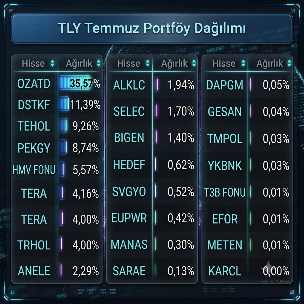 sevketozhan's tweet photo. #tly Temmuz Portföyü yayınlandı.

Girenler 
#YKBNK 0,03%
#KARCL 0,00%
#METEN 0,01%
#SARAE 0,13%

Çıkanlar
#ISVEA (31 Temmuz gün sonu itibari ile çıkarılmış)

Tahminde revize oldu. #hmv fonu %0,8 den %5,5 lara çıkarıldığı için ve bugünde negatif olduğu için tahmin 0,71'lere geriledi.

Bilgilerinize