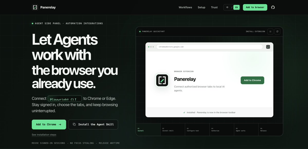 chaimaoyuan's tweet photo. Panerelay 0.5.0 is out.

agent-browser, Browser Use, and Playwright CLI can now work in your existing Chrome or Edge session—keeping current logins and only touching tabs you explicitly authorize.

Local-first, MIT licensed.
https://t.co/jDjM4nWcUf https://t.co/l3nKV4kUZL