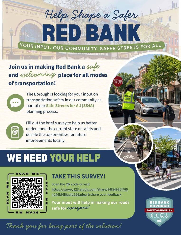 NJTPA's tweet photo. As part of its #SafeStreetsForAll planning process, #RedBank is looking for input to better understand the state of #transportation safety locally. Feedback will be used to help prioritize improvements, policies & programs. Take the survey here: https://t.co/OXMOBuDyAj
#SS4A https://t.co/O7MJZNMwBj