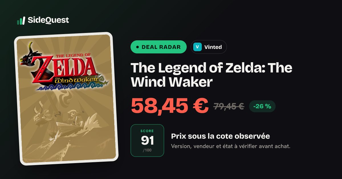 gesidequest's tweet photo. Deal Radar · Vinted 👀

The Legend of Zelda: The Wind Waker · Nintendo GameCube

58,45 EUR · score SideQuest 91/100
Bonne piste, à vérifier avant achat 👇
https://t.co/atleX3lxJt https://t.co/y5TFrZIVVk