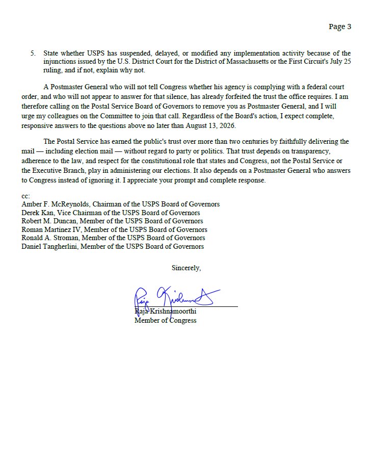 CongressmanRaja's tweet photo. USPS is supposed to deliver ballots—not decide who gets to vote. That's why I called on the Postal Service Board of Governors to remove Postmaster General David Steiner and demanded answers about USPS's apparent effort to implement President Trump's election mail voter suppression scheme. Read my letter: