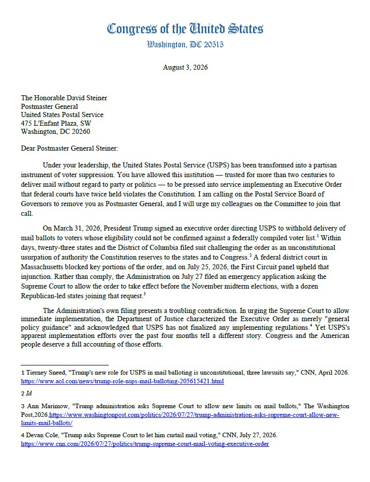 CongressmanRaja's tweet photo. USPS is supposed to deliver ballots—not decide who gets to vote. That's why I called on the Postal Service Board of Governors to remove Postmaster General David Steiner and demanded answers about USPS's apparent effort to implement President Trump's election mail voter suppression scheme. Read my letter: